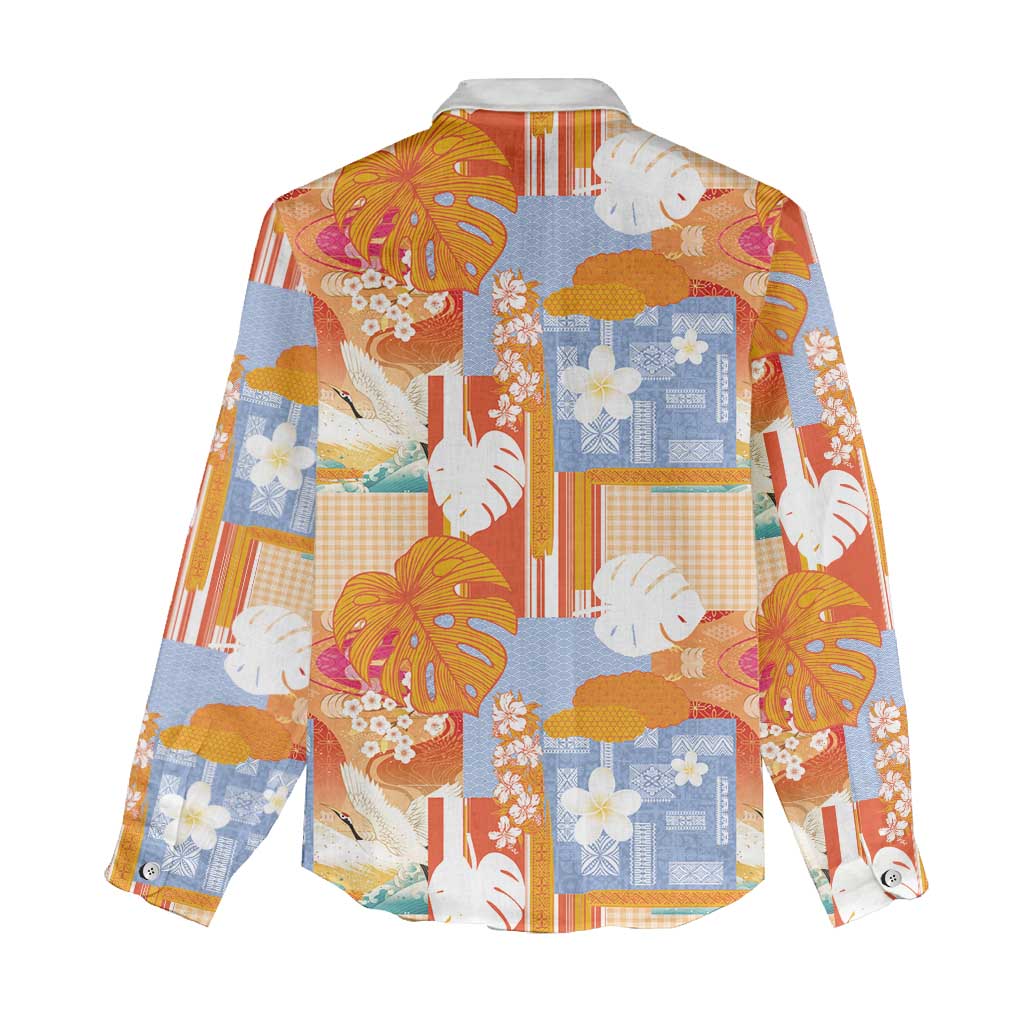 Hawaiian and Japanese Culture Together Women Casual Shirt Palaka Japanese Art and Tropical Motif Tribal Patchwork LT03 - Polynesian Pride