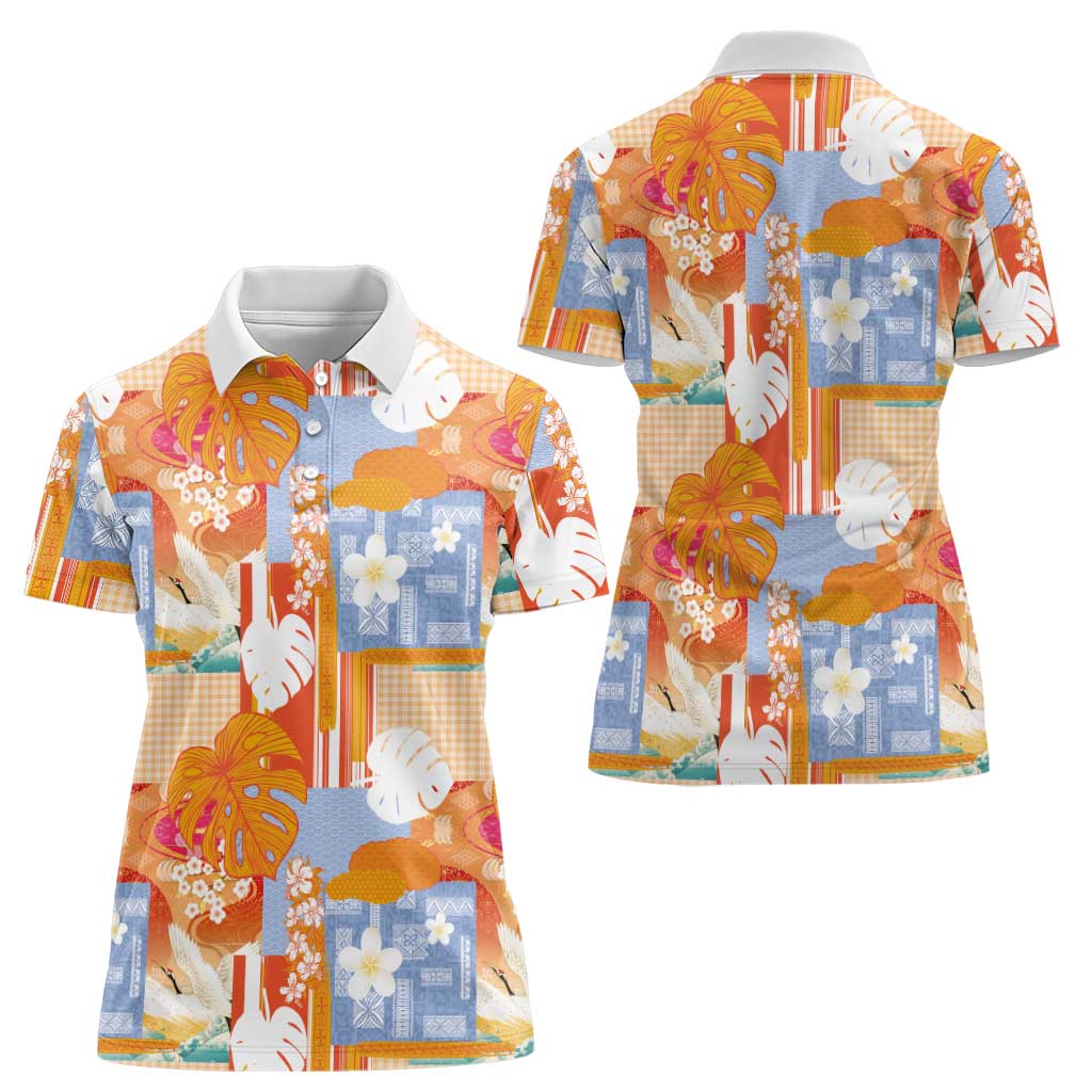 Hawaiian and Japanese Culture Together Women Polo Shirt Palaka Japanese Art and Tropical Motif Tribal Patchwork LT03 - Polynesian Pride