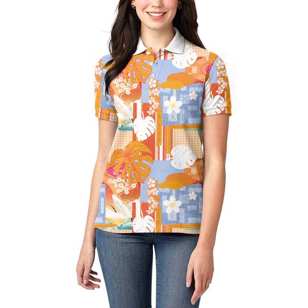 Hawaiian and Japanese Culture Together Women Polo Shirt Palaka Japanese Art and Tropical Motif Tribal Patchwork LT03 - Polynesian Pride