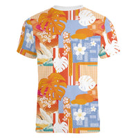Hawaiian and Japanese Culture Together Women V-Neck T-Shirt Palaka Japanese Art and Tropical Motif Tribal Patchwork LT03 - Polynesian Pride