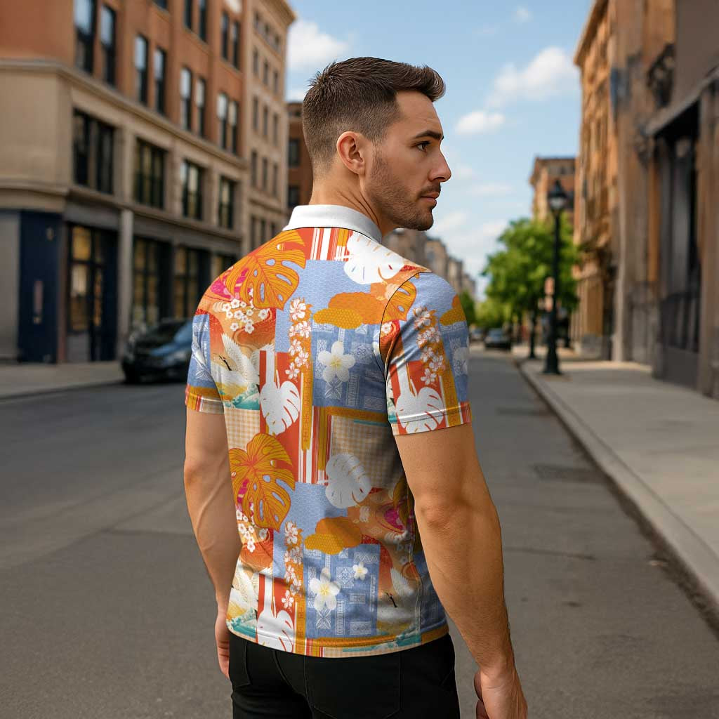 Hawaiian and Japanese Culture Together Zipper Polo Shirt Palaka Japanese Art and Tropical Motif Tribal Patchwork LT03 - Polynesian Pride
