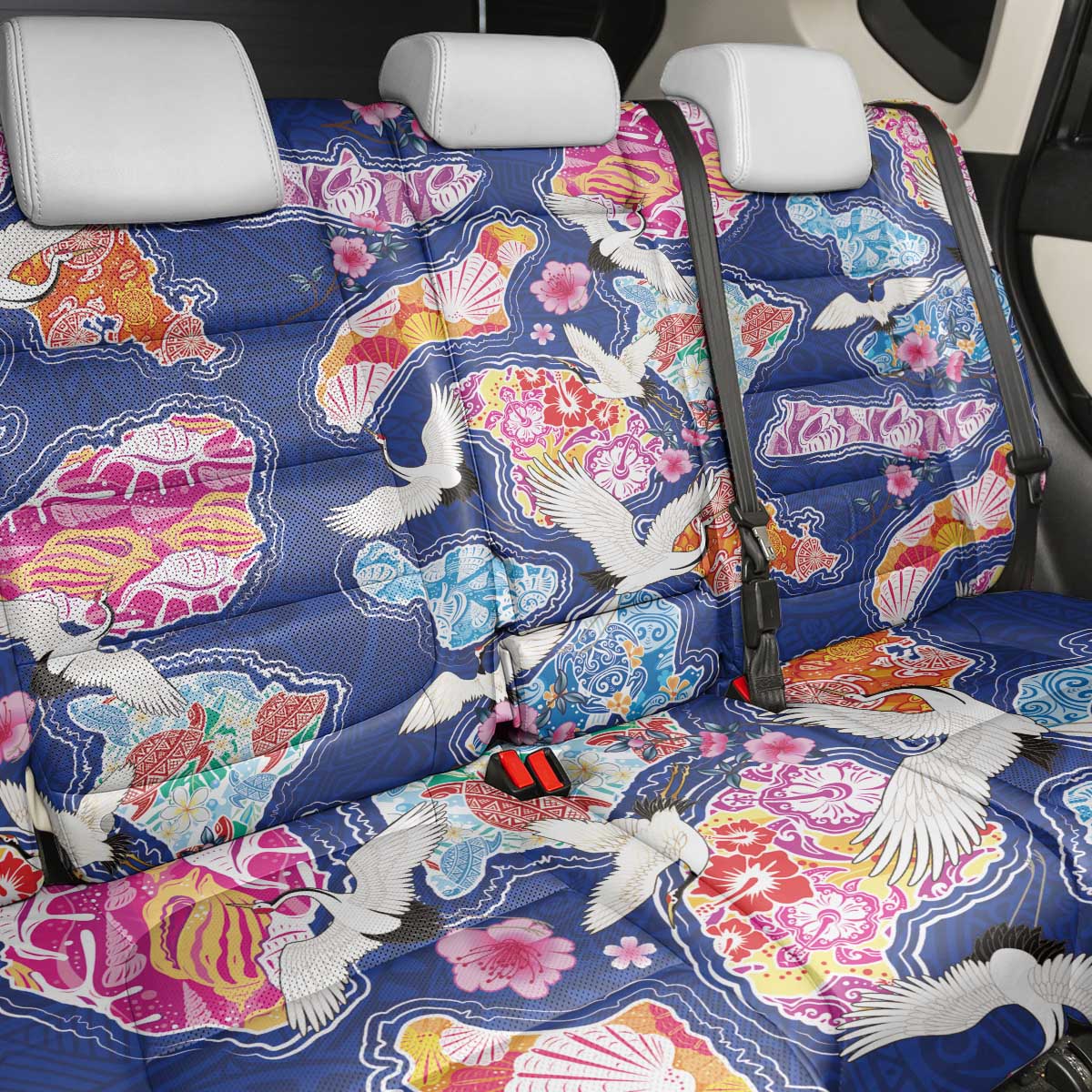 Hawaiian and Japanese Culture Together Back Car Seat Cover Hawaiian Archipelago Shape Sea Animals LT03 - Polynesian Pride