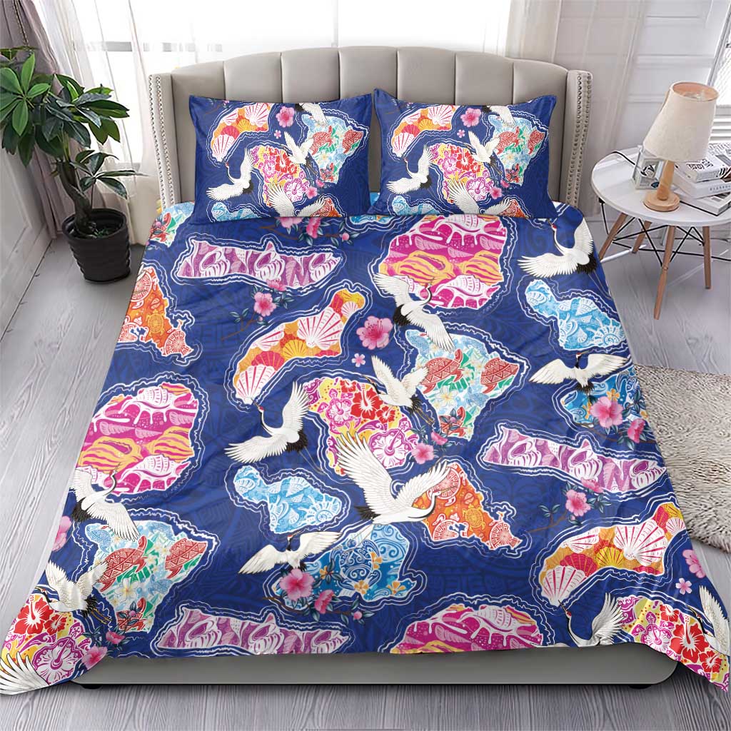 Hawaiian and Japanese Culture Together Bedding Set Hawaiian Archipelago Shape Sea Animals