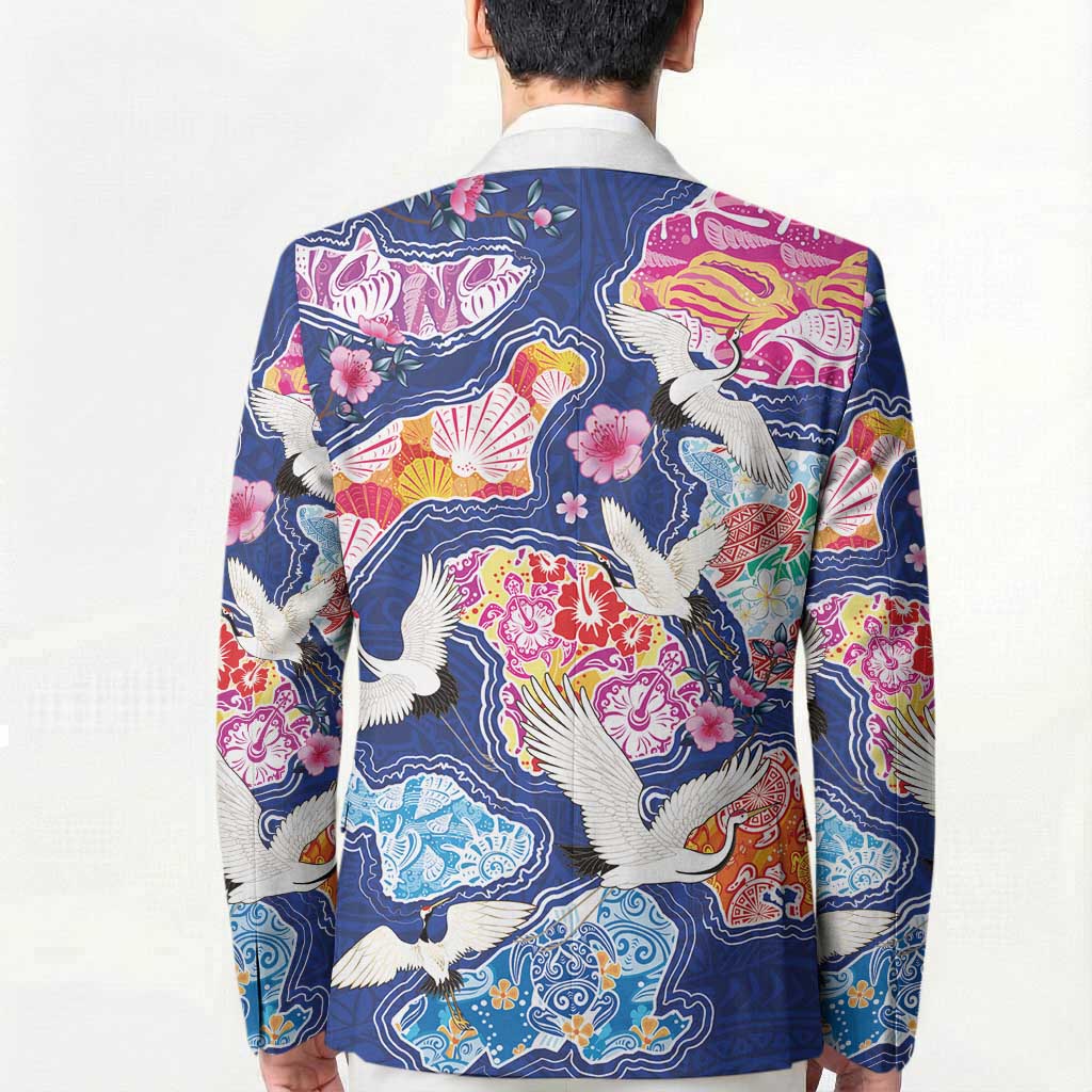Hawaiian and Japanese Culture Together Blazer Hawaiian Archipelago Shape Sea Animals