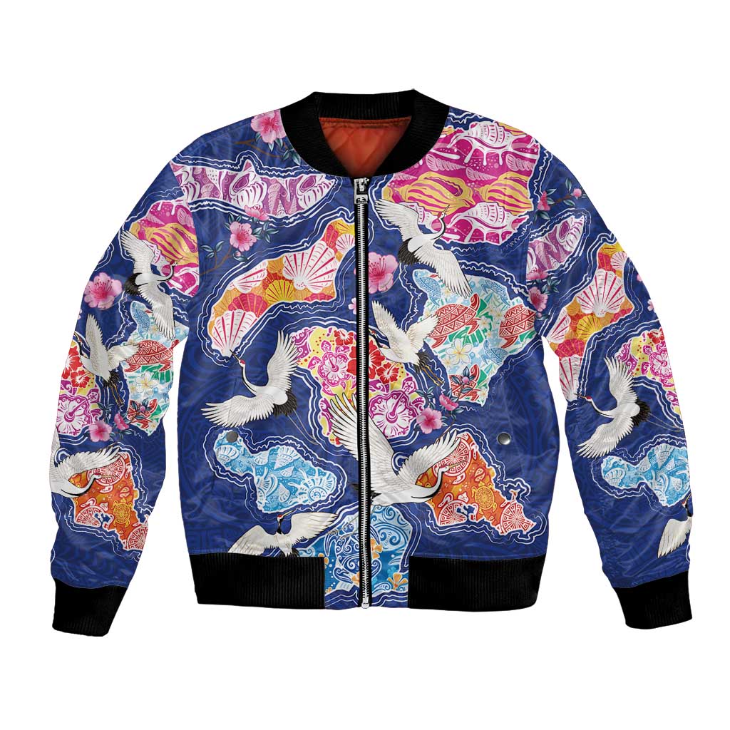 Hawaiian and Japanese Culture Together Bomber Jacket Hawaiian Archipelago Shape Sea Animals
