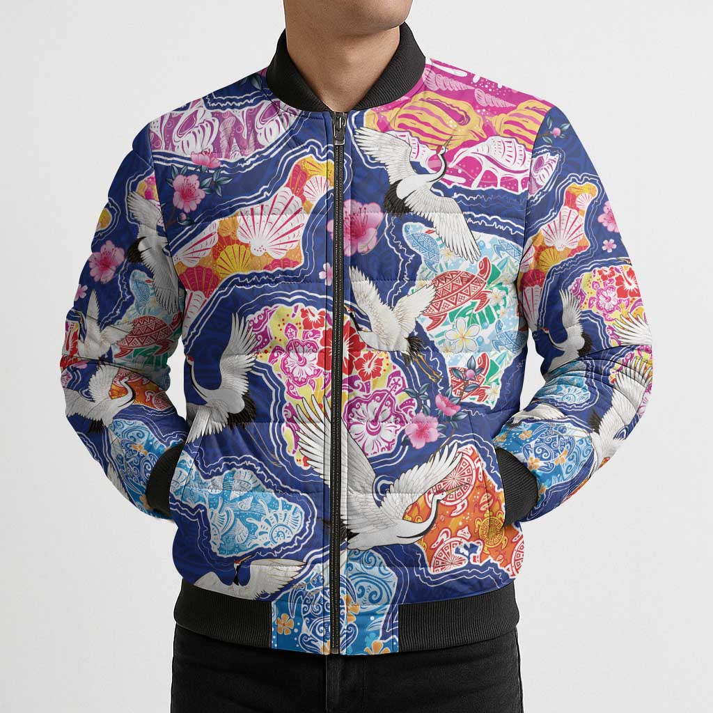Hawaiian and Japanese Culture Together Bomber Puffer Jacket Hawaiian Archipelago Shape Sea Animals