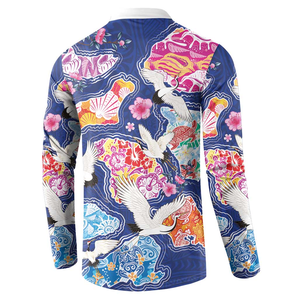 Hawaiian and Japanese Culture Together Button Sweatshirt Hawaiian Archipelago Shape Sea Animals