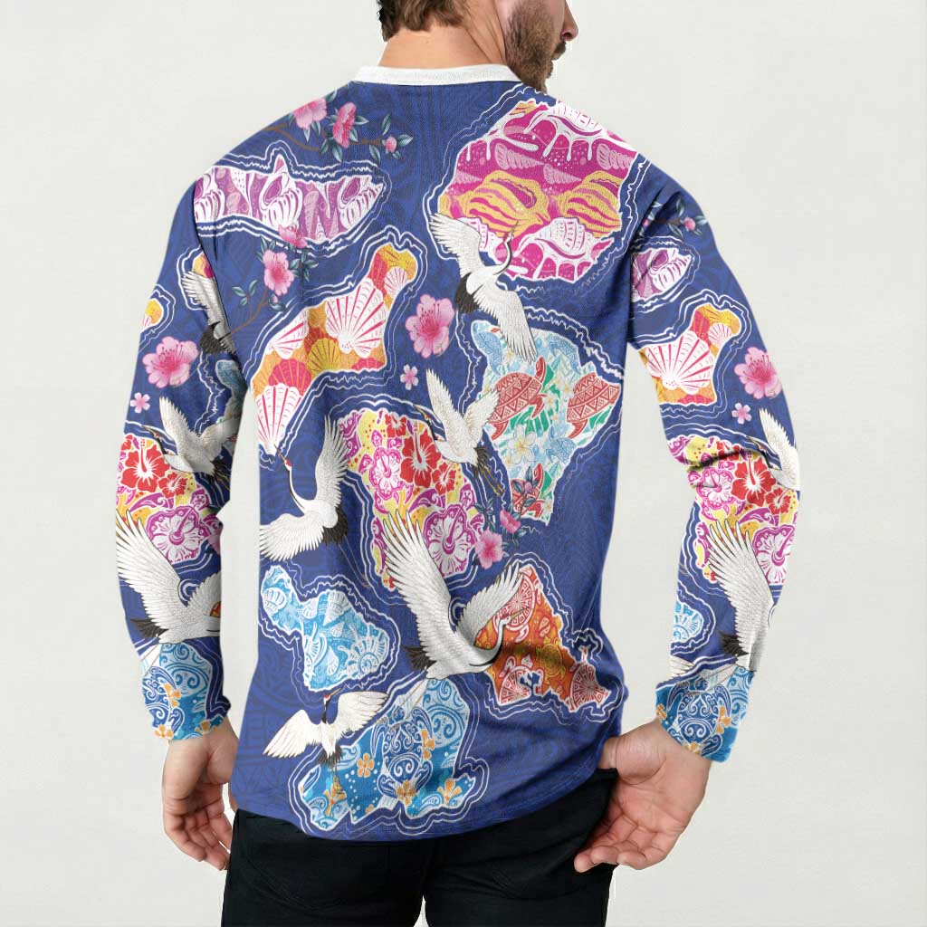 Hawaiian and Japanese Culture Together Button Sweatshirt Hawaiian Archipelago Shape Sea Animals