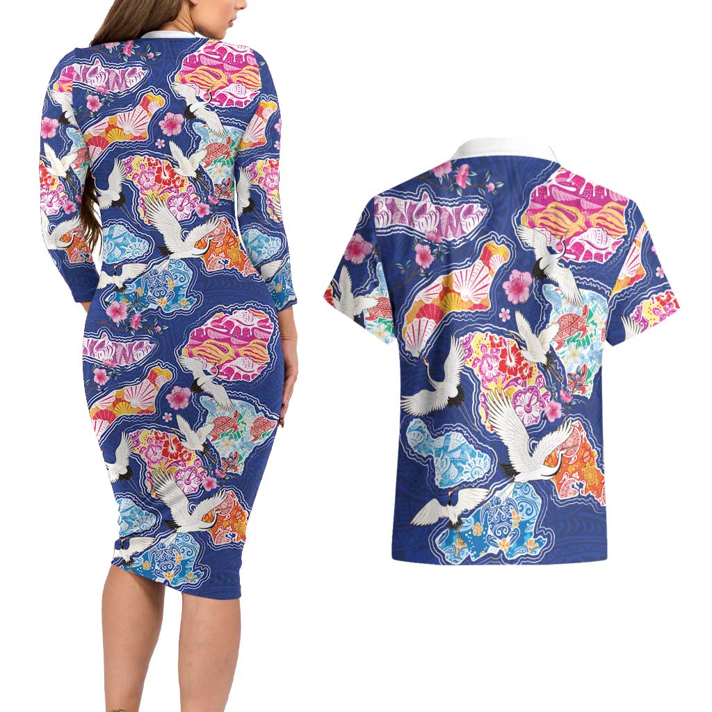 Hawaiian and Japanese Culture Together Couples Matching Long Sleeve Bodycon Dress and Hawaiian Shirt Hawaiian Archipelago Shape Sea Animals LT03 - Polynesian Pride