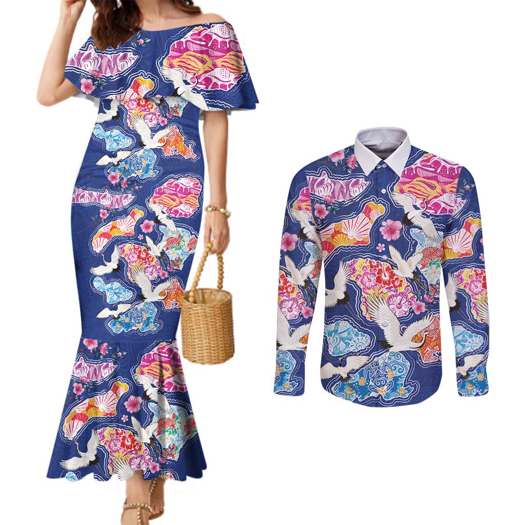 Hawaiian and Japanese Culture Together Couples Matching Mermaid Dress and Long Sleeve Button Shirt Hawaiian Archipelago Shape Sea Animals LT03 Multicolor - Polynesian Pride
