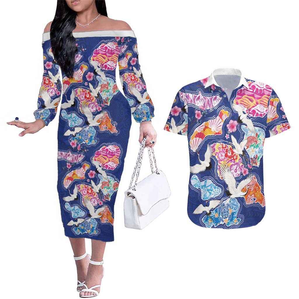Hawaiian and Japanese Culture Together Couples Matching Off The Shoulder Long Sleeve Dress and Hawaiian Shirt Hawaiian Archipelago Shape Sea Animals LT03 Multicolor - Polynesian Pride