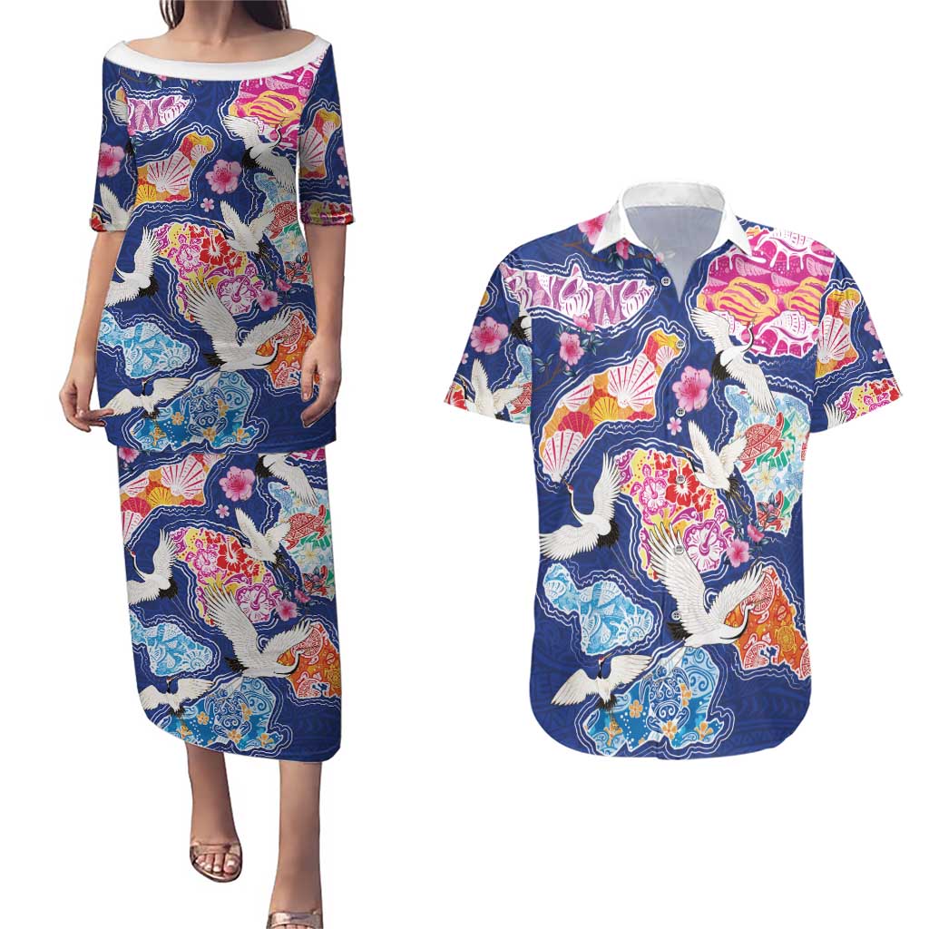 Hawaiian and Japanese Culture Together Couples Matching Puletasi and Hawaiian Shirt Hawaiian Archipelago Shape Sea Animals