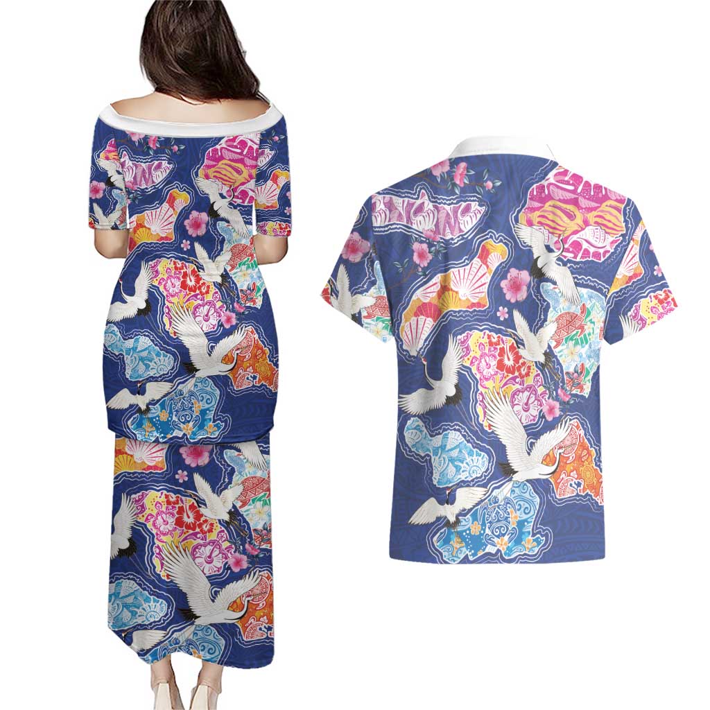 Hawaiian and Japanese Culture Together Couples Matching Puletasi and Hawaiian Shirt Hawaiian Archipelago Shape Sea Animals LT03 - Polynesian Pride
