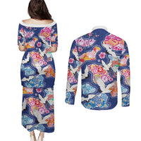 Hawaiian and Japanese Culture Together Couples Matching Puletasi and Long Sleeve Button Shirt Hawaiian Archipelago Shape Sea Animals LT03 - Polynesian Pride