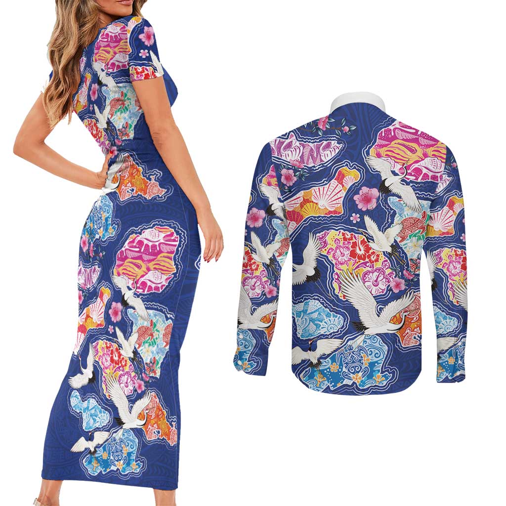 Hawaiian and Japanese Culture Together Couples Matching Short Sleeve Bodycon Dress and Long Sleeve Button Shirt Hawaiian Archipelago Shape Sea Animals LT03 - Polynesian Pride