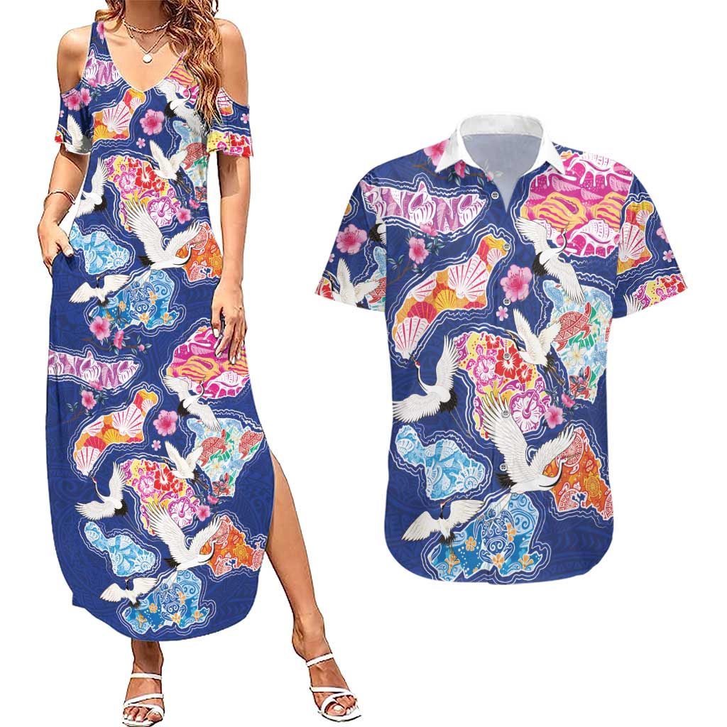 Hawaiian and Japanese Culture Together Couples Matching Summer Maxi Dress and Hawaiian Shirt Hawaiian Archipelago Shape Sea Animals