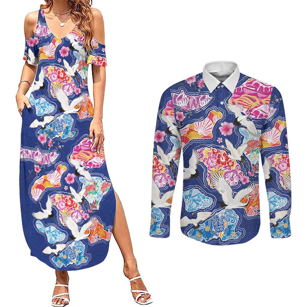 Hawaiian and Japanese Culture Together Couples Matching Summer Maxi Dress and Long Sleeve Button Shirt Hawaiian Archipelago Shape Sea Animals LT03 Multicolor - Polynesian Pride