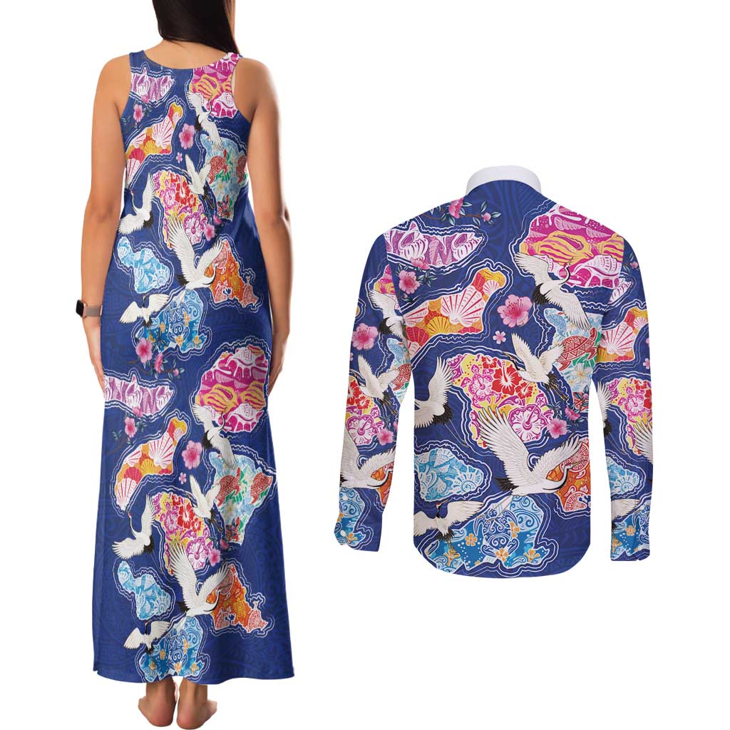 Hawaiian and Japanese Culture Together Couples Matching Tank Maxi Dress and Long Sleeve Button Shirt Hawaiian Archipelago Shape Sea Animals LT03 - Polynesian Pride
