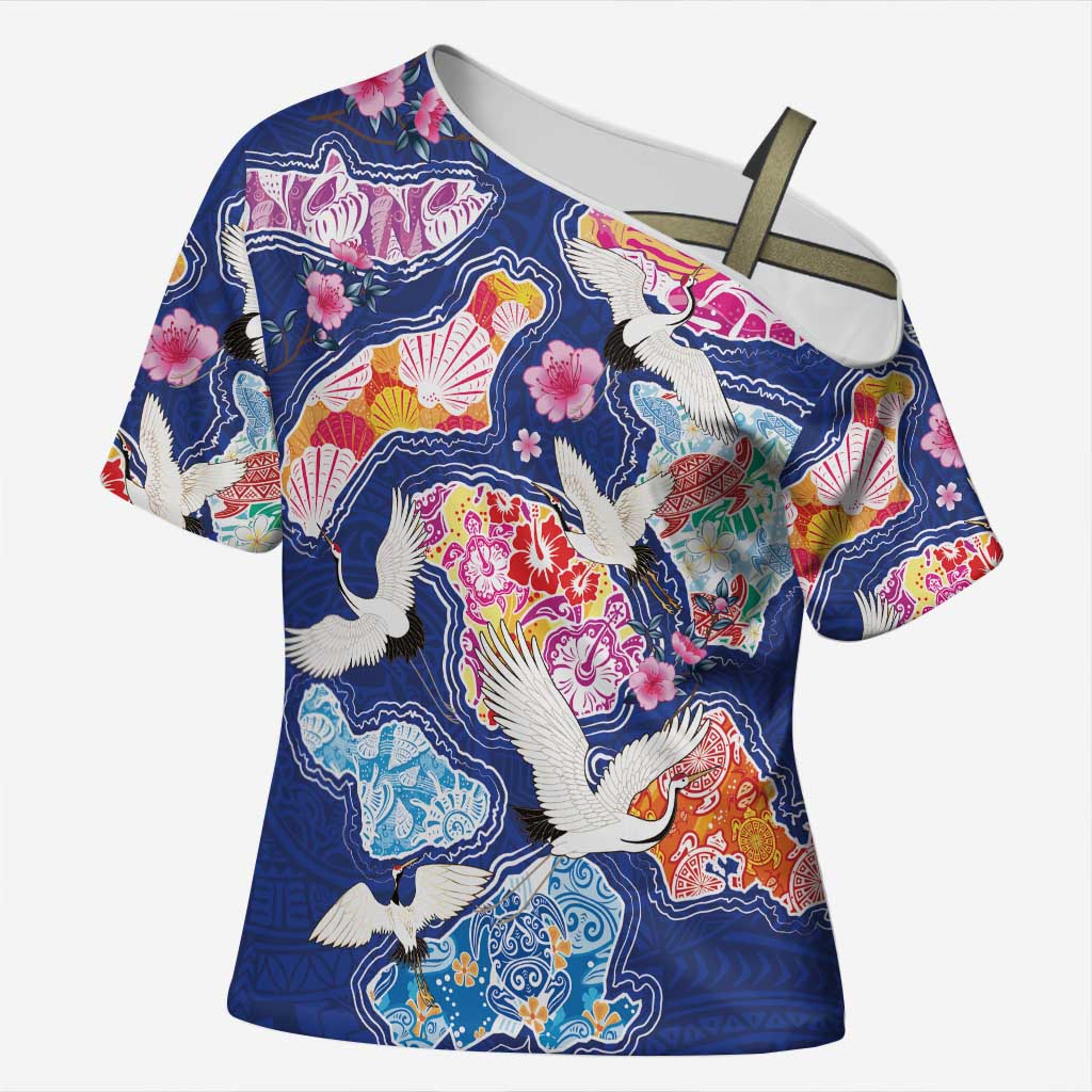 Hawaiian and Japanese Culture Together Cross Shoulder Shirt Hawaiian Archipelago Shape Sea Animals LT03 Female Multicolor - Polynesian Pride