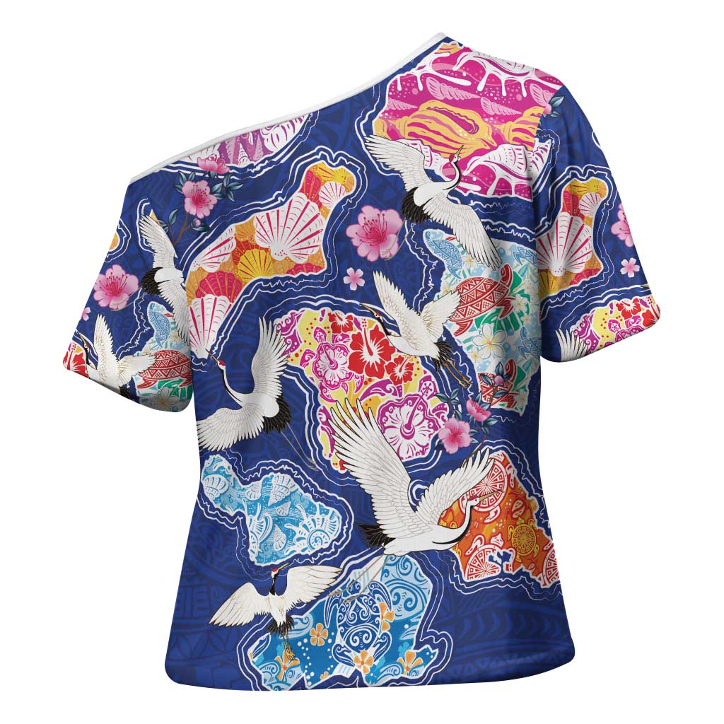 Hawaiian and Japanese Culture Together Cross Shoulder Shirt Hawaiian Archipelago Shape Sea Animals LT03 - Polynesian Pride