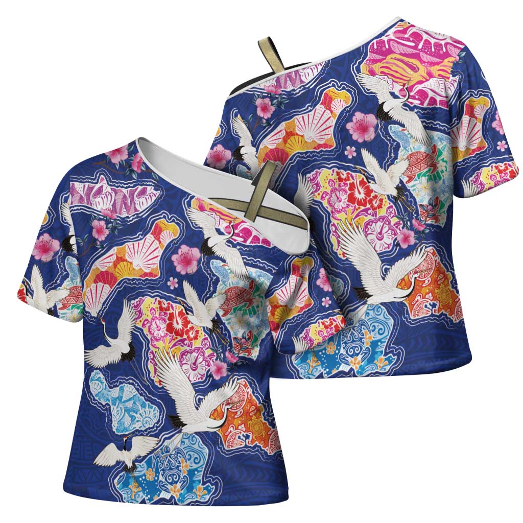 Hawaiian and Japanese Culture Together Cross Shoulder Shirt Hawaiian Archipelago Shape Sea Animals LT03 - Polynesian Pride