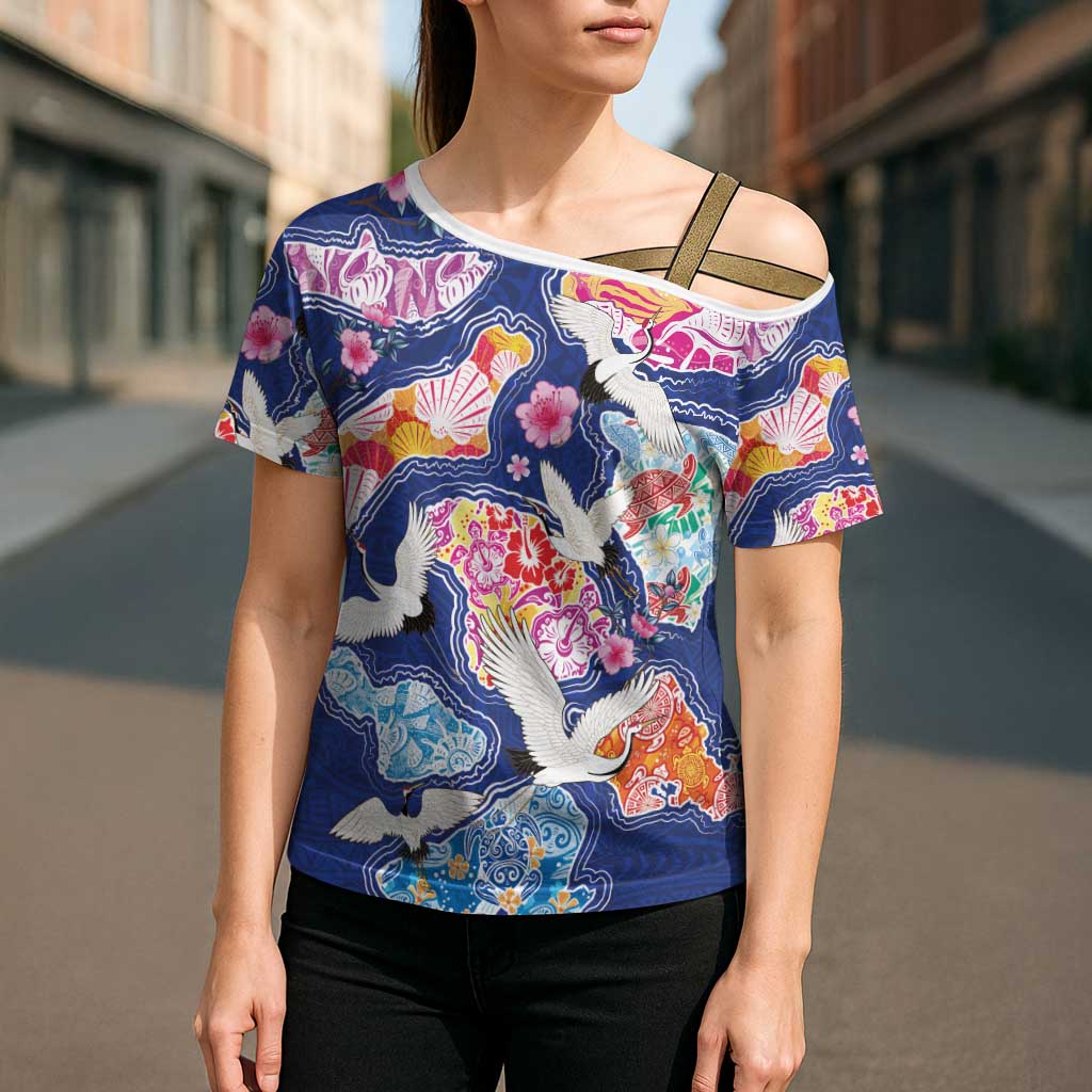 Hawaiian and Japanese Culture Together Cross Shoulder Shirt Hawaiian Archipelago Shape Sea Animals LT03 - Polynesian Pride