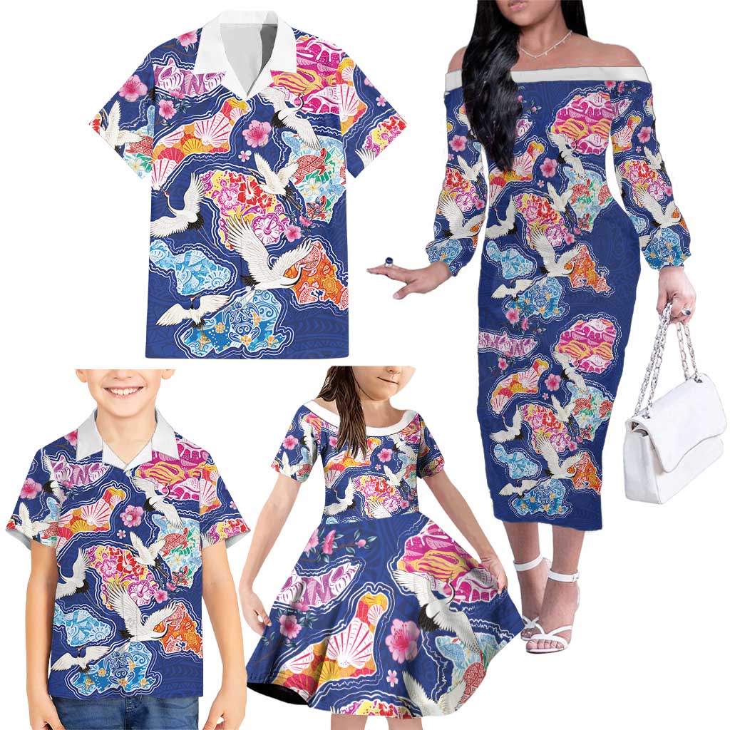 Hawaiian and Japanese Culture Together Family Matching Off The Shoulder Long Sleeve Dress and Hawaiian Shirt Hawaiian Archipelago Shape Sea Animals