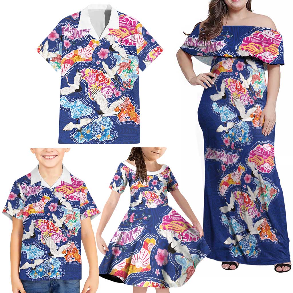 Hawaiian and Japanese Culture Together Family Matching Off Shoulder Maxi Dress and Hawaiian Shirt Hawaiian Archipelago Shape Sea Animals