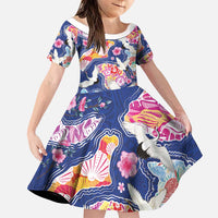 Hawaiian and Japanese Culture Together Family Matching Off Shoulder Short Dress and Hawaiian Shirt Hawaiian Archipelago Shape Sea Animals LT03 Daughter's Dress Multicolor - Polynesian Pride
