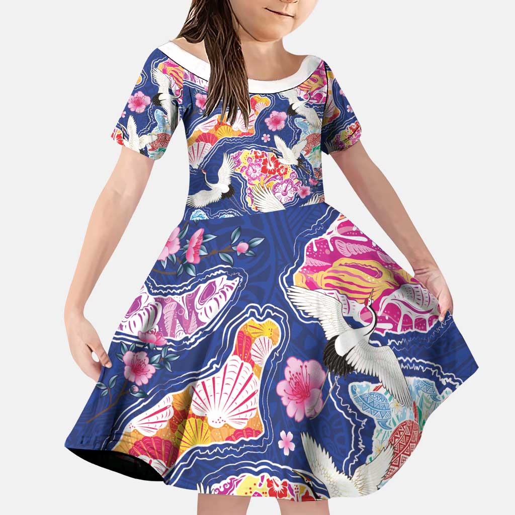 Hawaiian and Japanese Culture Together Family Matching Puletasi and Hawaiian Shirt Hawaiian Archipelago Shape Sea Animals LT03 Daughter's Dress Multicolor - Polynesian Pride
