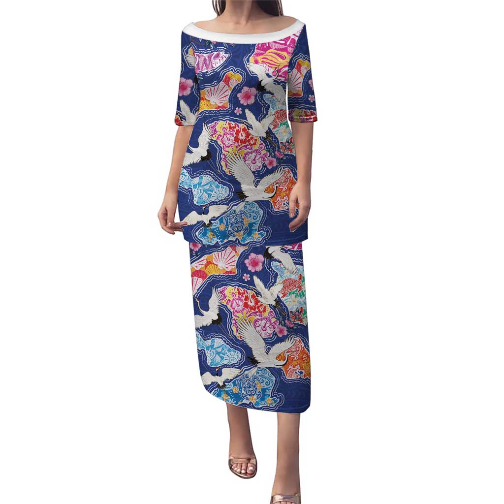 Hawaiian and Japanese Culture Together Family Matching Puletasi and Hawaiian Shirt Hawaiian Archipelago Shape Sea Animals LT03 Mom's Dress Multicolor - Polynesian Pride