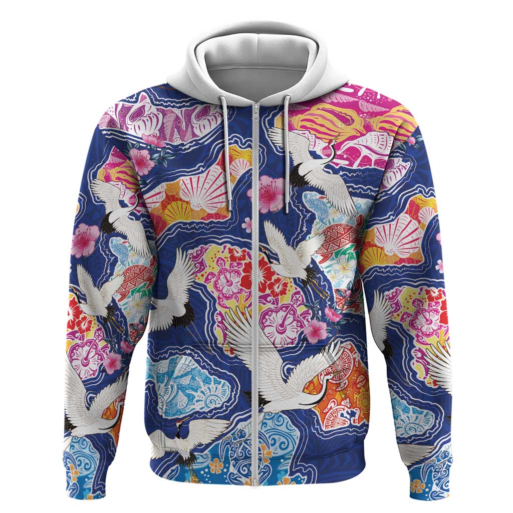 Hawaiian and Japanese Culture Together Hoodie Hawaiian Archipelago Shape Sea Animals LT03 Zip Hoodie Multicolor - Polynesian Pride