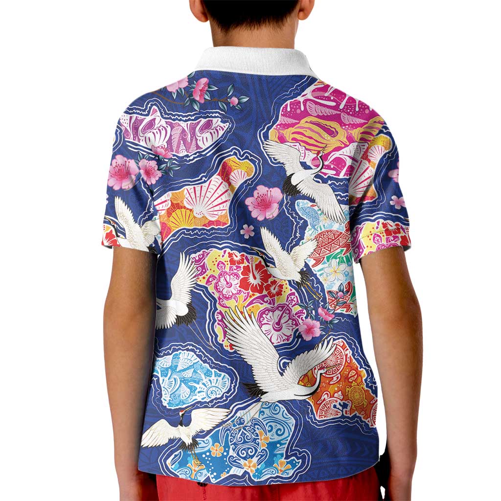 Hawaiian and Japanese Culture Together Kid Polo Shirt Hawaiian Archipelago Shape Sea Animals LT03 - Polynesian Pride