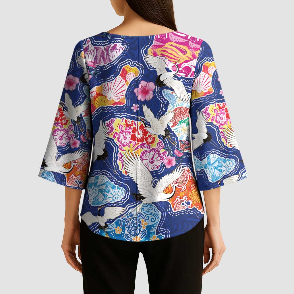Hawaiian and Japanese Culture Together Kimono Sleeve Blouse Hawaiian Archipelago Shape Sea Animals LT03 - Polynesian Pride