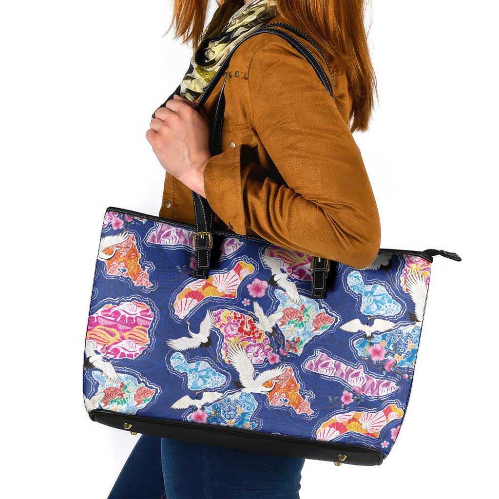 Hawaiian and Japanese Culture Together Leather Tote Bag Hawaiian Archipelago Shape Sea Animals LT03 Multicolor - Polynesian Pride