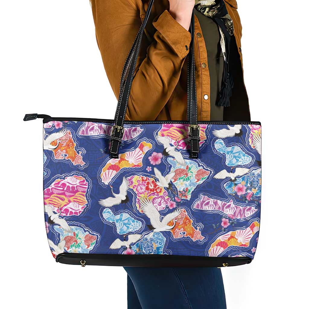 Hawaiian and Japanese Culture Together Leather Tote Bag Hawaiian Archipelago Shape Sea Animals LT03 - Polynesian Pride