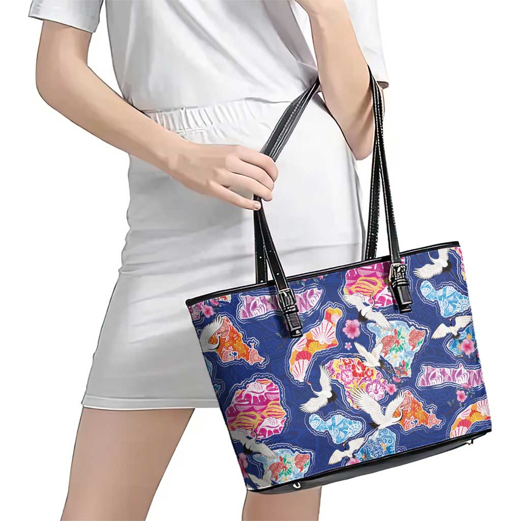 Hawaiian and Japanese Culture Together Leather Tote Bag Hawaiian Archipelago Shape Sea Animals LT03 - Polynesian Pride