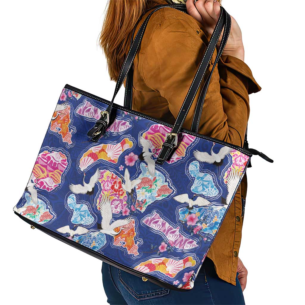 Hawaiian and Japanese Culture Together Leather Tote Bag Hawaiian Archipelago Shape Sea Animals LT03 - Polynesian Pride