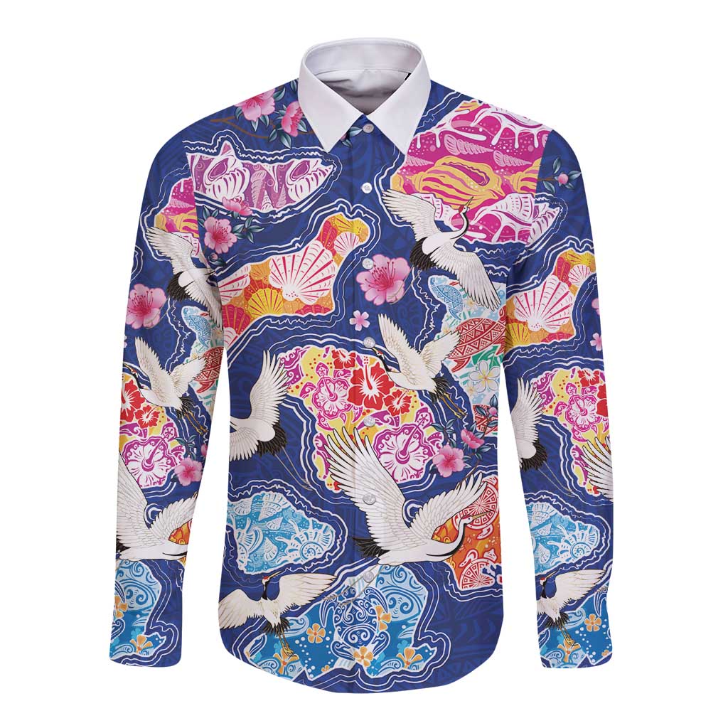 Hawaiian and Japanese Culture Together Long Sleeve Button Shirt Hawaiian Archipelago Shape Sea Animals
