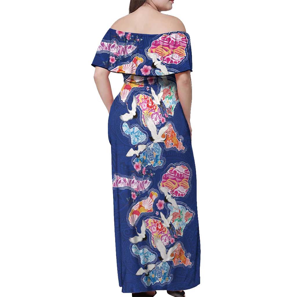 Hawaiian and Japanese Culture Together Off Shoulder Maxi Dress Hawaiian Archipelago Shape Sea Animals LT03 - Polynesian Pride