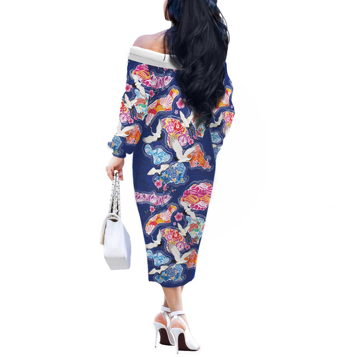 Hawaiian and Japanese Culture Together Off The Shoulder Long Sleeve Dress Hawaiian Archipelago Shape Sea Animals LT03 - Polynesian Pride