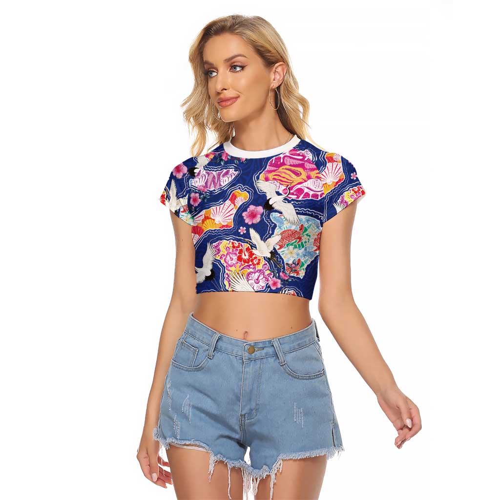 Hawaiian and Japanese Culture Together Raglan Cropped T Shirt Hawaiian Archipelago Shape Sea Animals LT03 Female Multicolor - Polynesian Pride