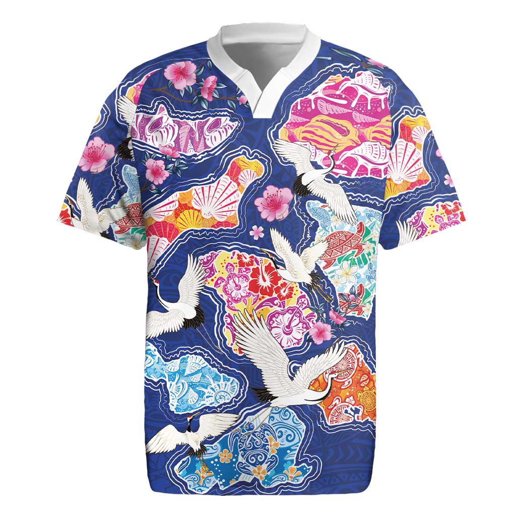 Hawaiian and Japanese Culture Together Rugby Jersey Hawaiian Archipelago Shape Sea Animals LT03 Multicolor - Polynesian Pride