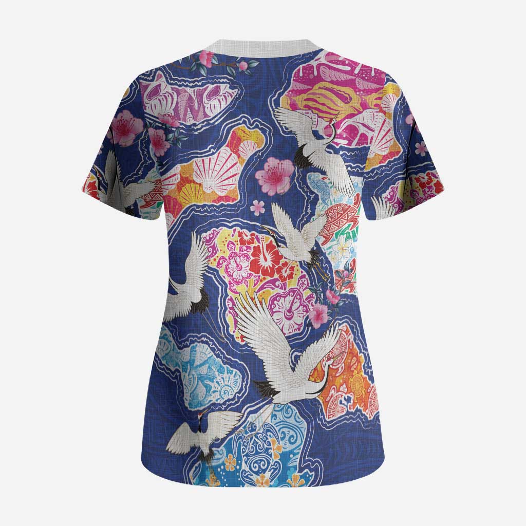 Hawaiian and Japanese Culture Together Scrub Top Hawaiian Archipelago Shape Sea Animals