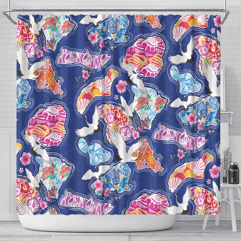 Hawaiian and Japanese Culture Together Shower Curtain Hawaiian Archipelago Shape Sea Animals LT03 - Polynesian Pride