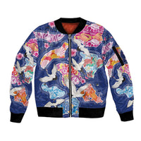 Hawaiian and Japanese Culture Together Sleeve Zip Bomber Jacket Hawaiian Archipelago Shape Sea Animals