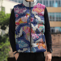 Hawaiian and Japanese Culture Together Sleeveless Puffer Jacket Hawaiian Archipelago Shape Sea Animals LT03 - Polynesian Pride