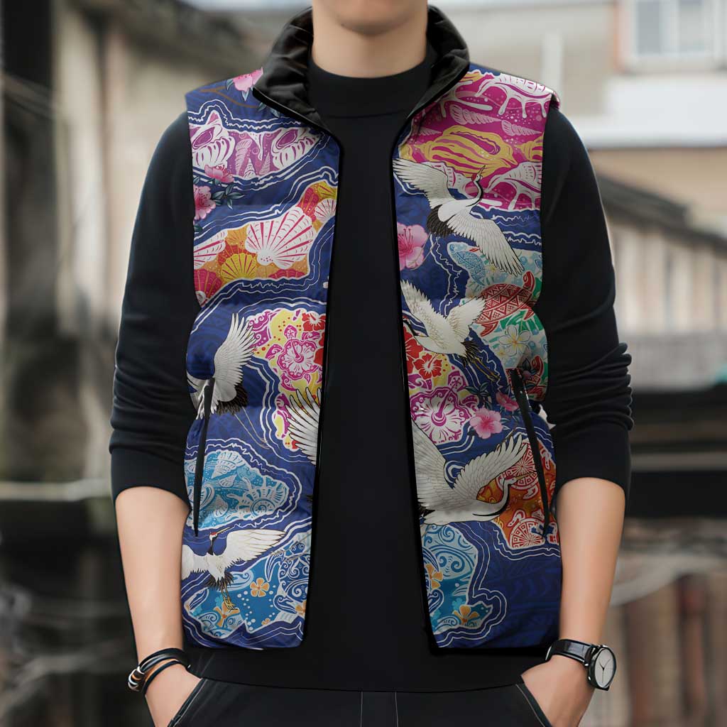 Hawaiian and Japanese Culture Together Sleeveless Puffer Jacket Hawaiian Archipelago Shape Sea Animals LT03 - Polynesian Pride