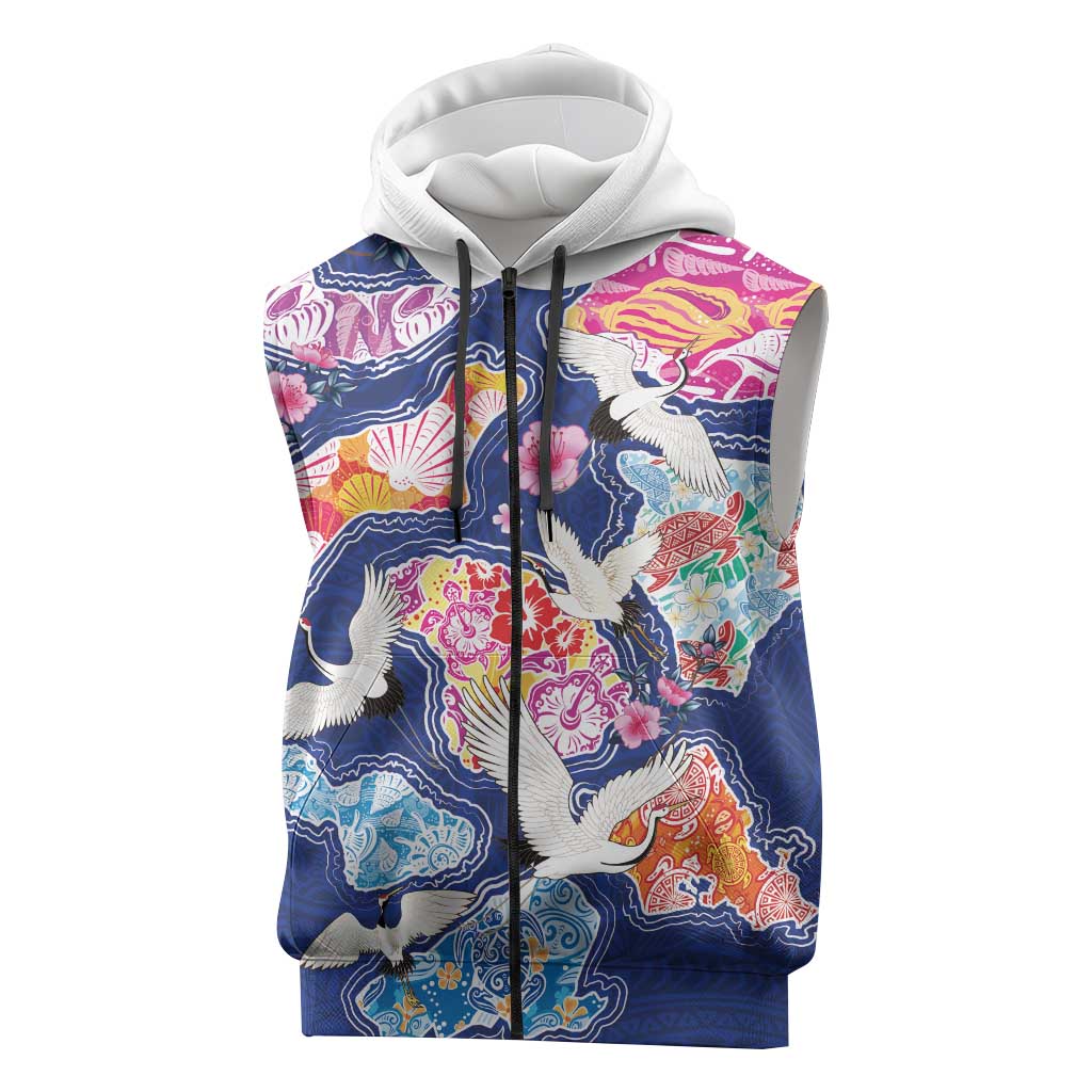 Hawaiian and Japanese Culture Together Sleeveless Zip Hoodie Hawaiian Archipelago Shape Sea Animals LT03 Multicolor - Polynesian Pride