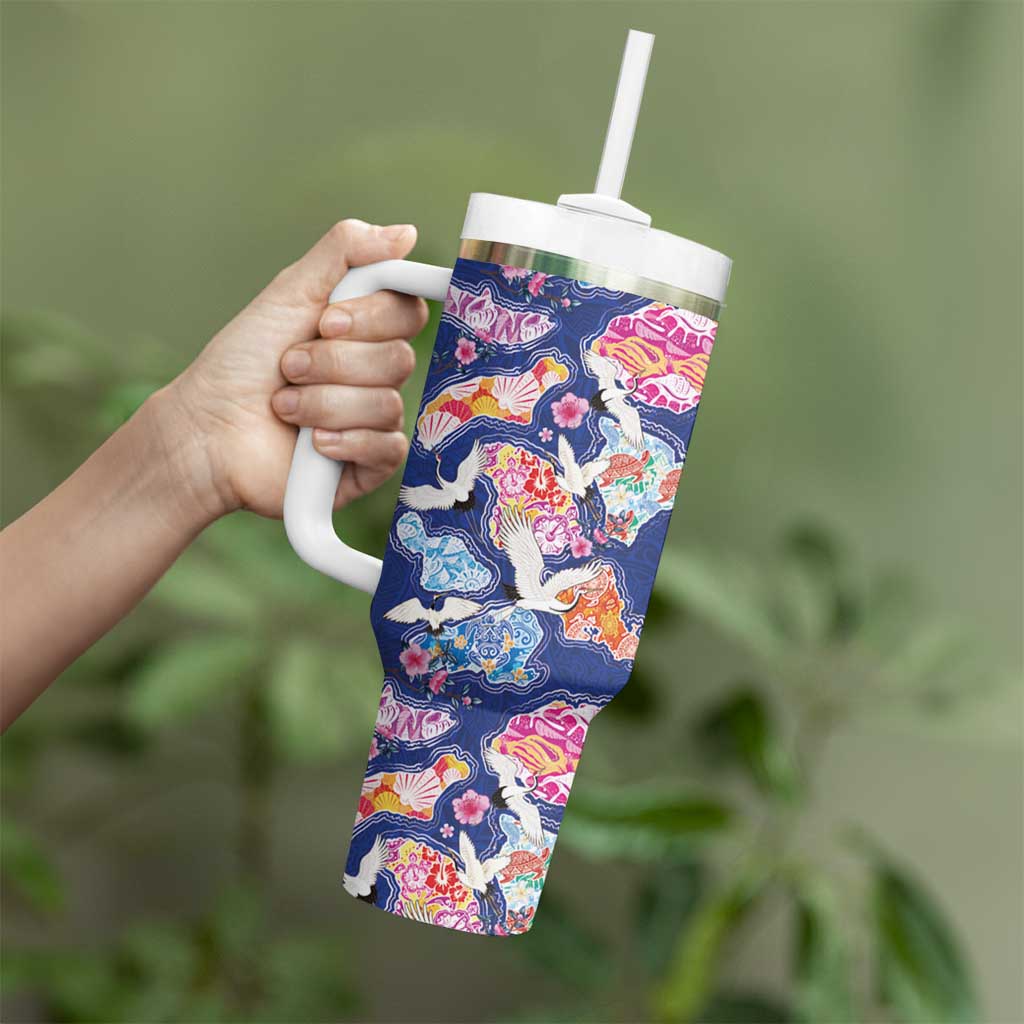 Hawaiian and Japanese Culture Together Tumbler With Handle Hawaiian Archipelago Shape Sea Animals LT03 - Polynesian Pride